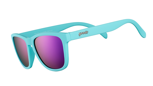 Three-quarter angle view of baby blue sunglasses with polarized purple reflective lenses.