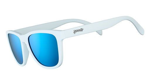 Three-quarter angle view of square-framed white sunglasses with blue reflective polarized lenses.