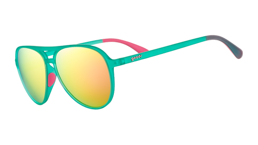Three-quarter angle view of teal aviator sunglasses with hot pink inner silicone grips and polarized pink reflective lenses.