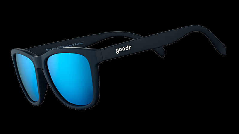 Three-quarter angle view of square-shaped black sunglasses with polarized reflective blue lenses.