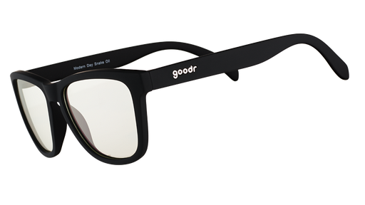 Three-quarter angle view of black square-shaped glasses with clear blue-light-blocking lenses.