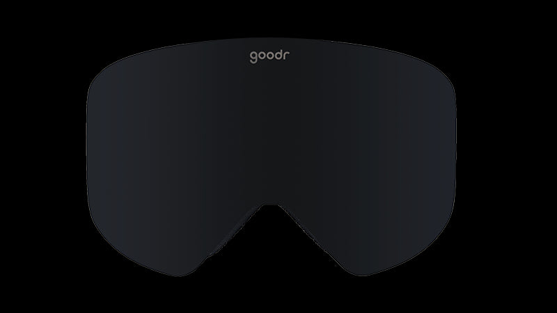 Front view of solid black stylish snow goggles with a solid black lens.