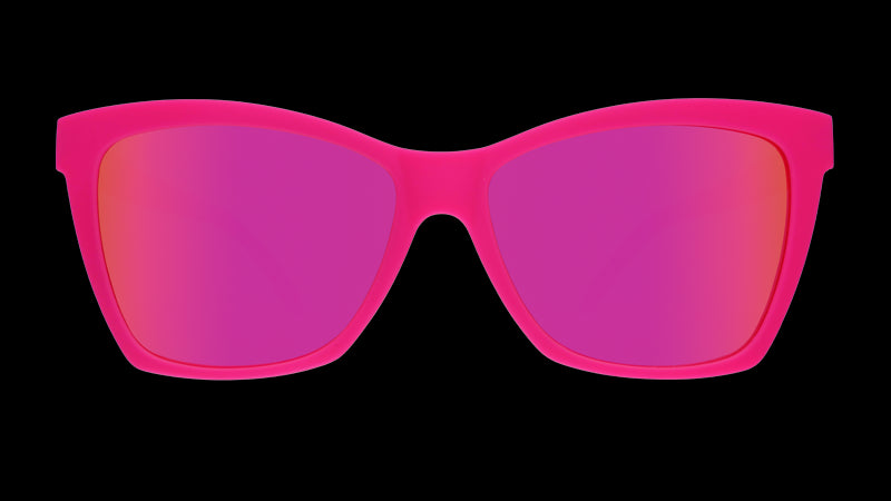 Front view of hot pink sunglasses angled cat-eye sunglasses with reflective pink lenses.