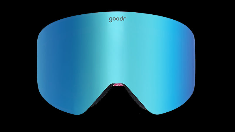 Front view of bright pink and blue snow goggles with a vibrant blue reflective lens.