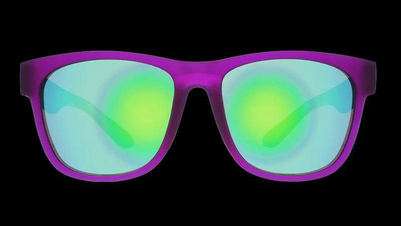 Front view of square-shaped purple sunglasses with green mirrored lenses.