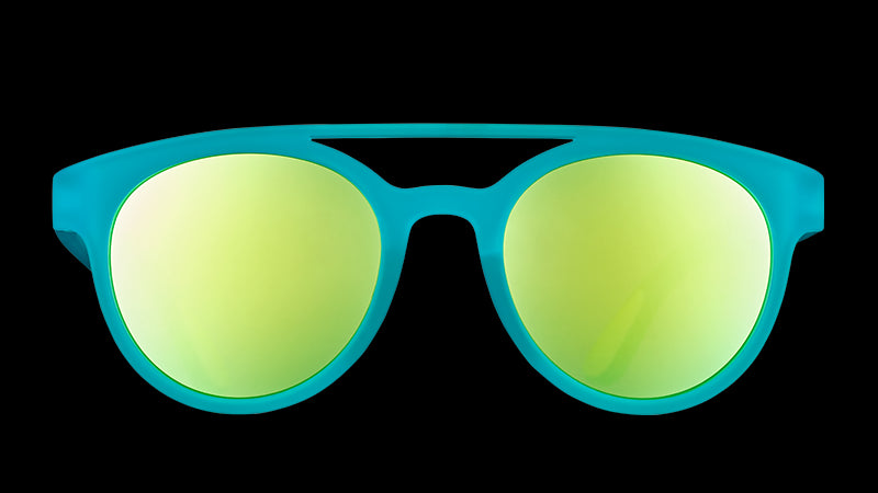 Front view of aqua blue double bridge sunglasses with reflective aqua blue circle lenses. 