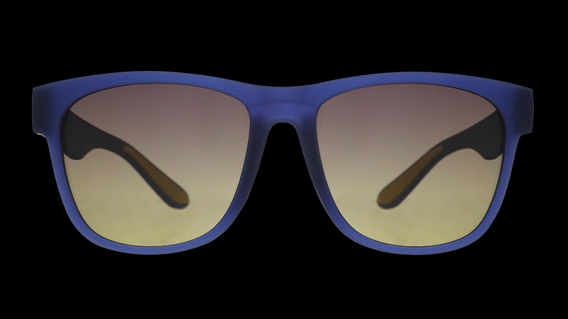 Front view of navy blue sunglasses with square-shaped amber gradient lenses.
