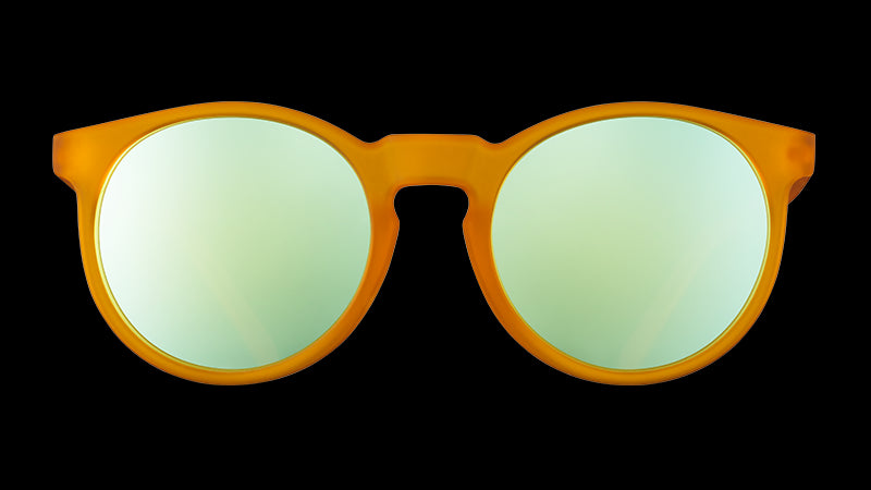 Front view of round orange sunglasses with light blue reflective polarized lenses.