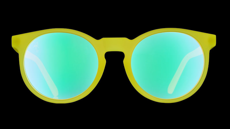 Front view of retro-inspired round yellow sunglasses with round rose-tinted lowlight lenses.