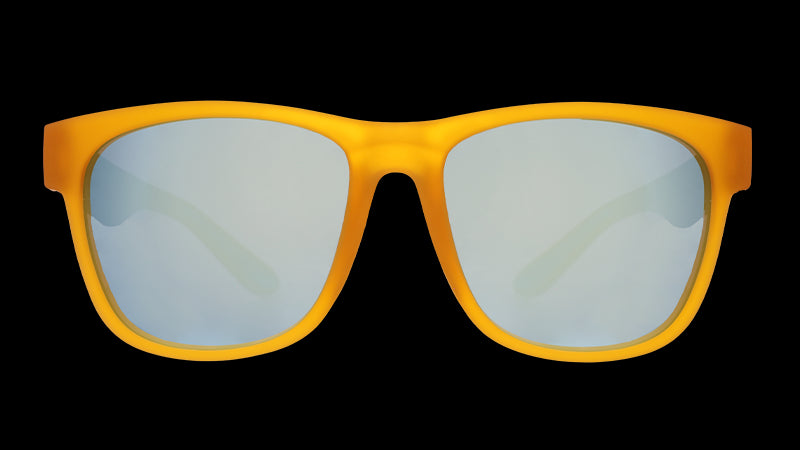 Front view of wide-fit orange sunglasses with square light blue reflective lenses.