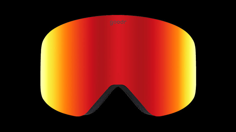 Front view of vibrant orange snow goggles with a reflective lens.