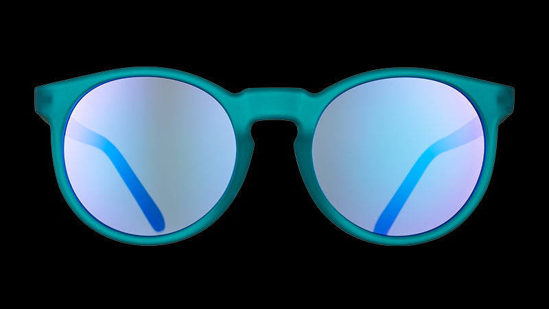 Front view of round teal sunglasses with reflect circle-shaped purple lenses.