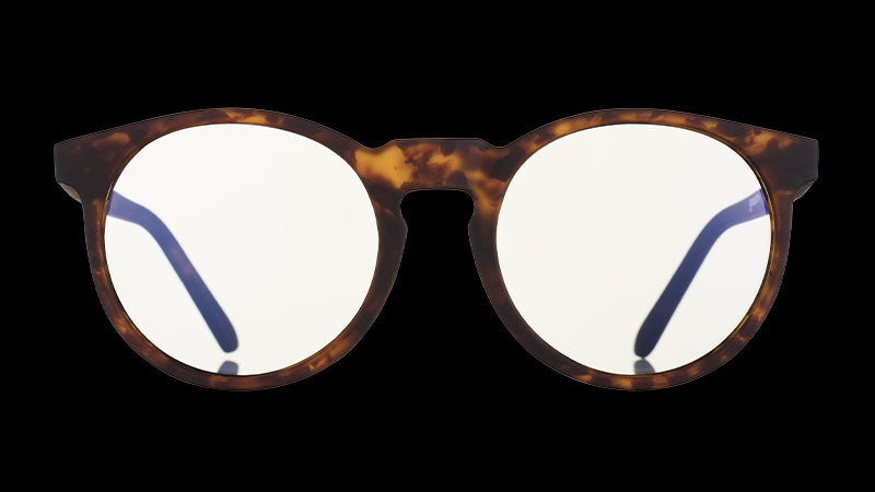 Front view of brown tortoiseshell circle-shaped glasses with round clear lenses.