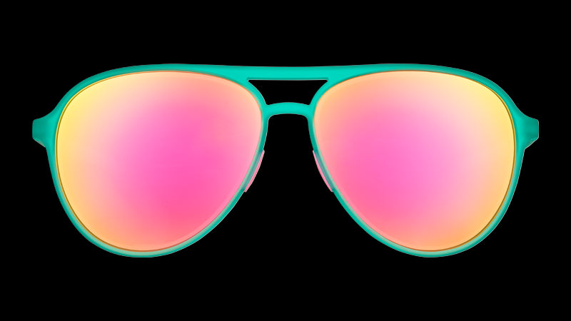 Front view of polarized teal aviator sunglasses with mirrored pink lenses.
