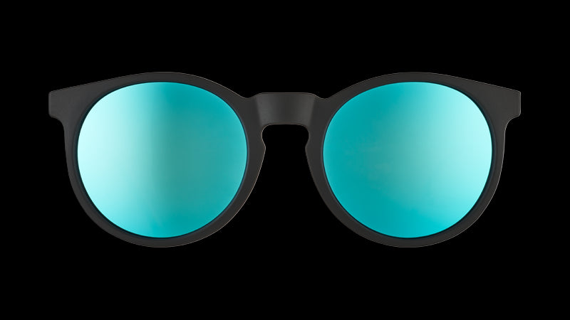 Front view of retro-inspired round black sunglasses with blue reflective circle-shaped lenses.