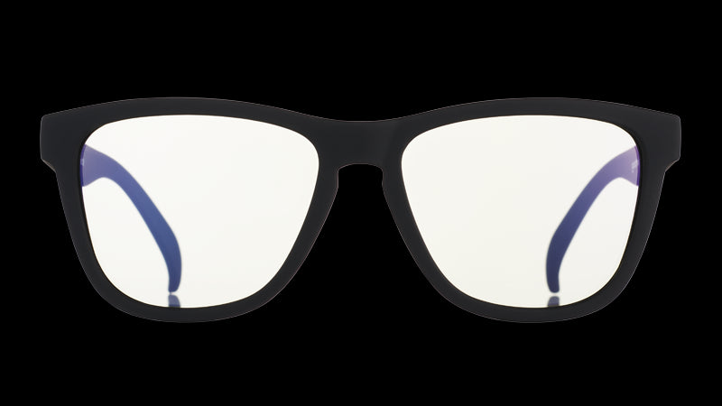 Front view of black square-shaped glasses with clear blue-light-blocking lenses.