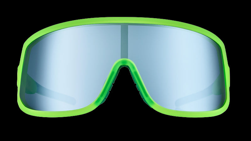 Front view of wraparound sunglasses with neon yellow frames and a reflective gray single lens.