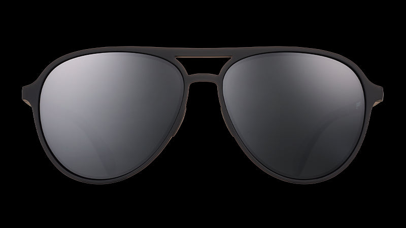 Front view of black aviator sunglases with non-reflective polarized black lenses.