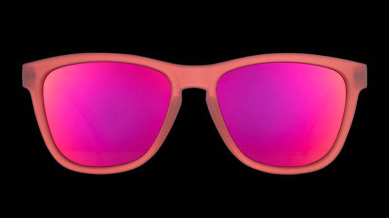 Front view of square-shaped red sunglasses with polarized red mirrored lenses.