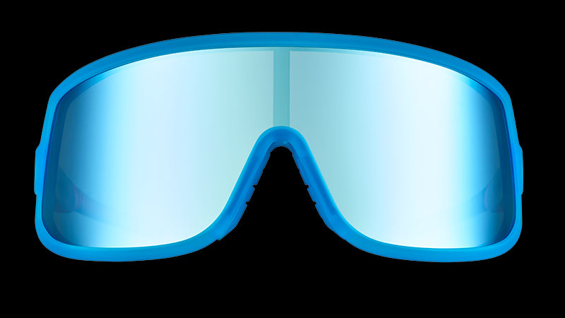 Front view of epic red, white, and blue wraparound sunglasses with a single reflective blue lens.
