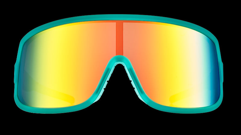 Front view of wraparound teal and pink sunglasses with a teal single lens.