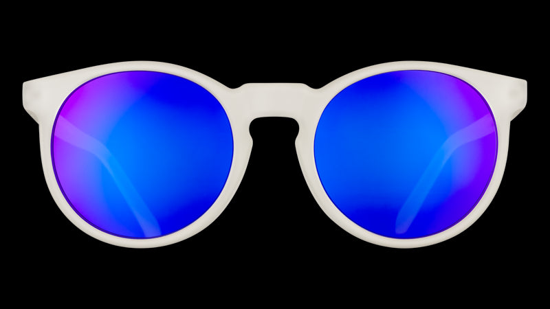 Front view of clear sunglasses with round reflective purple lenses.