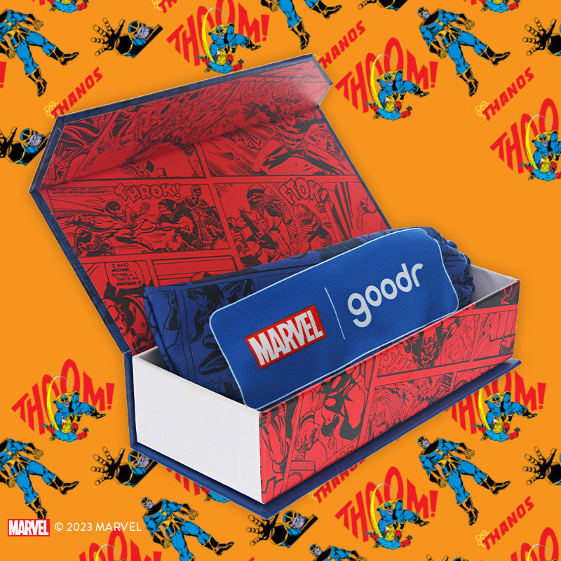 Snap Survivor Shades | Blue and orange frames with Marvel Comics Villian Thanos print with gold reflective lenses | Licensed Collectible Marvel goodr sunglasses