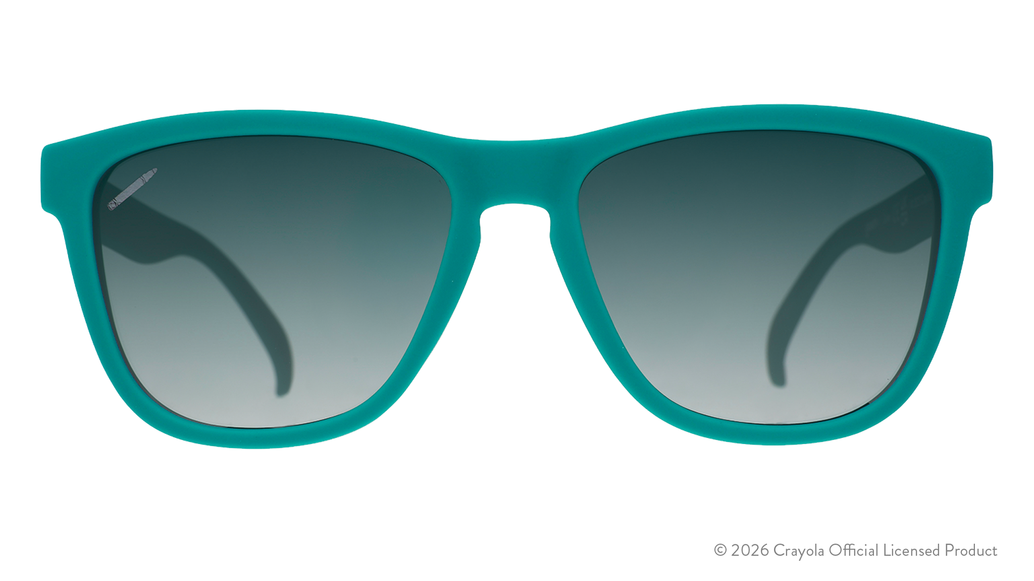 Front view of turquoise Crayola shades. Turquoise front frame, green gradient lenses+small crayon etching on lens.