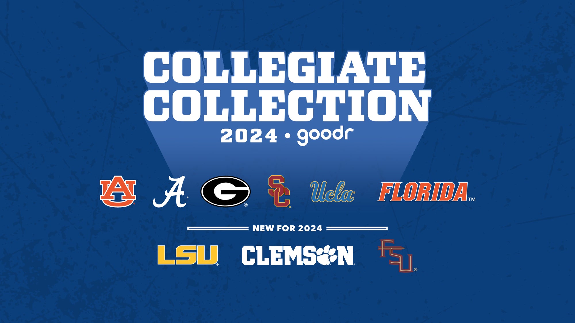 A blue promotional banner for goodr's "Collegiate Collection 2024." The title "Collegiate Collection 2024" appears in bold white text at the center, with the Goodr logo underneath. Below the title are logos of several universities