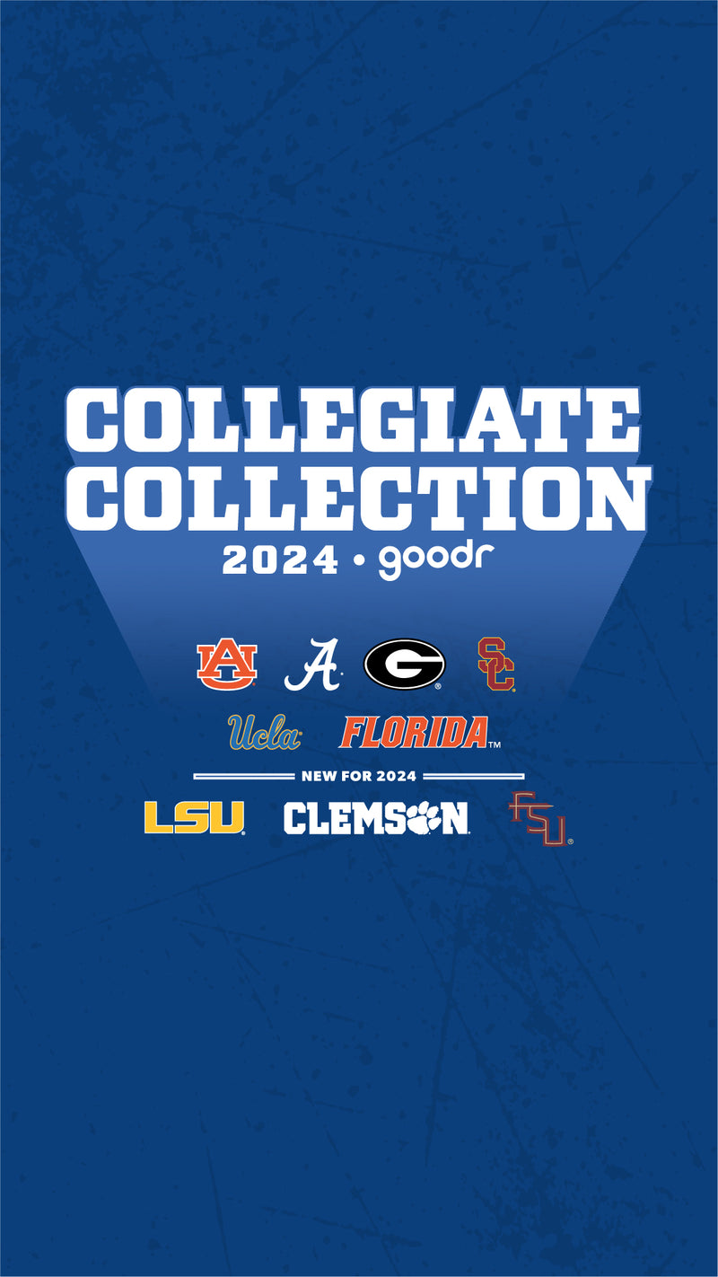 "Collegiate Collection 2024 goodr" written in white on a dark blue background, with the logos of various renowned colleges in a cluster below.