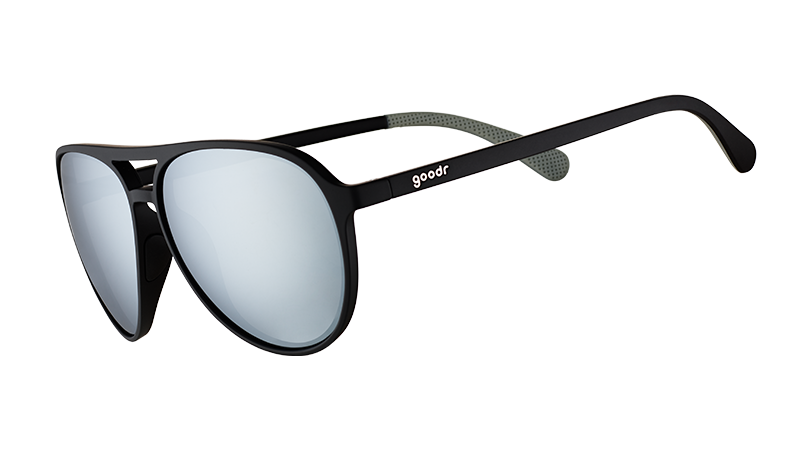 Three-quarter angle view of aviator sunglasses with black frames and chrome reflective lenses on a white background.