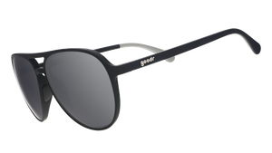 Three-quarter angle view of aviator sunglasses with black frames and chrome reflective lenses on a white background.