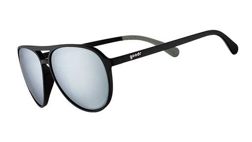 Three-quarter angle view of aviator sunglasses with black frames and chrome reflective lenses on a white background.