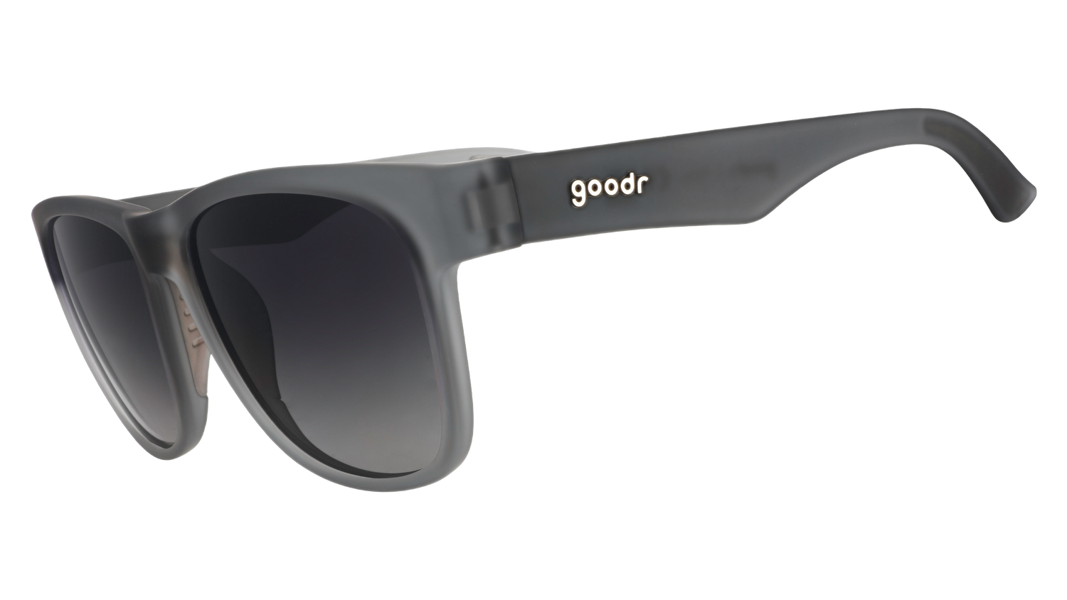 Three-quarter angle view of translucent gray BFGs with gray gradient lenses.