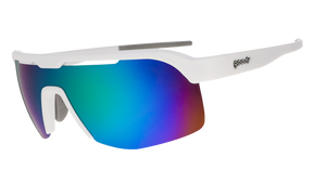 Three-quarter angle view of white shield sunglasses with green reflective wrap lenses tilted down on a white background.
