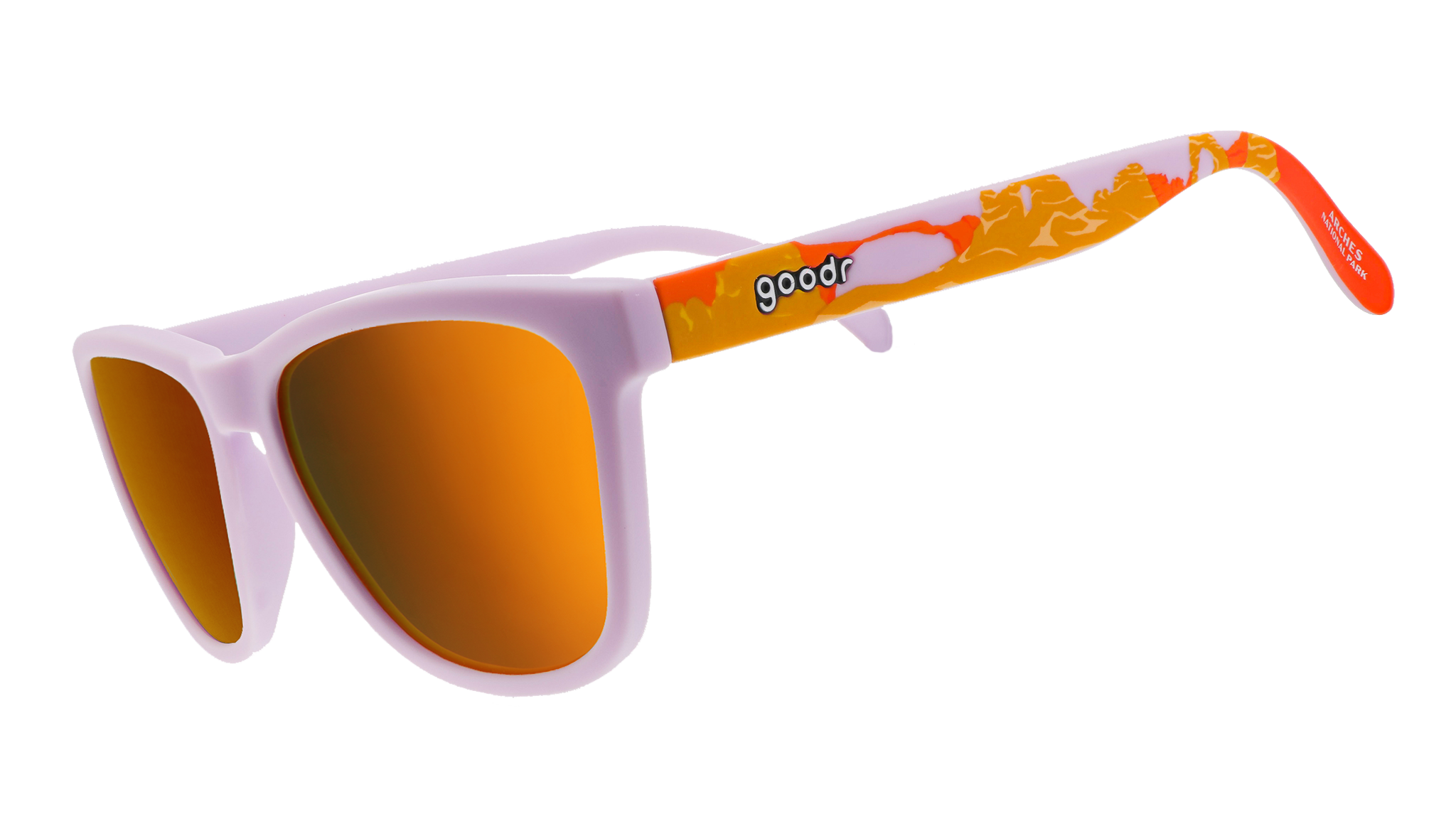 Sunglasses with light purple frames, reflective orange lenses, and colorful orange-and-red themed arms.