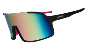 Three-quarter angle view of black wrap sunglasses with purple reflective lenses, hot pink nose and temple grips.
