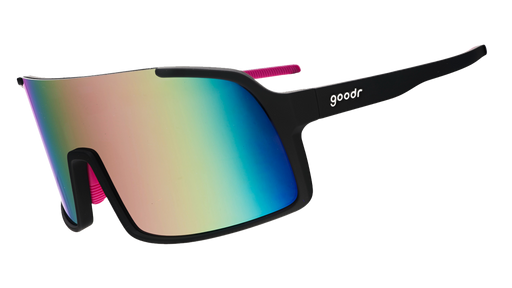 Three-quarter angle view of black wrap sunglasses with purple reflective lenses, hot pink nose and temple grips.