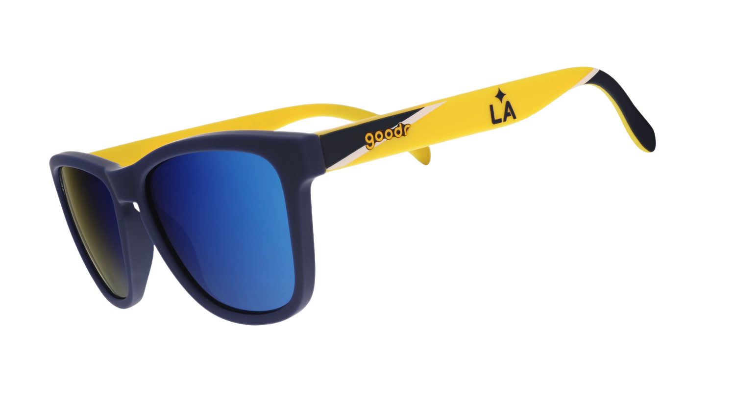 Three-quarter angle view of Major League Soccer LA Galaxy shades. Navy+yellow frames. Blue reflective lenses.