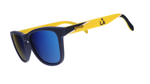 Three-quarter angle view of Major League Soccer LA Galaxy shades. Navy+yellow frames. Blue reflective lenses.