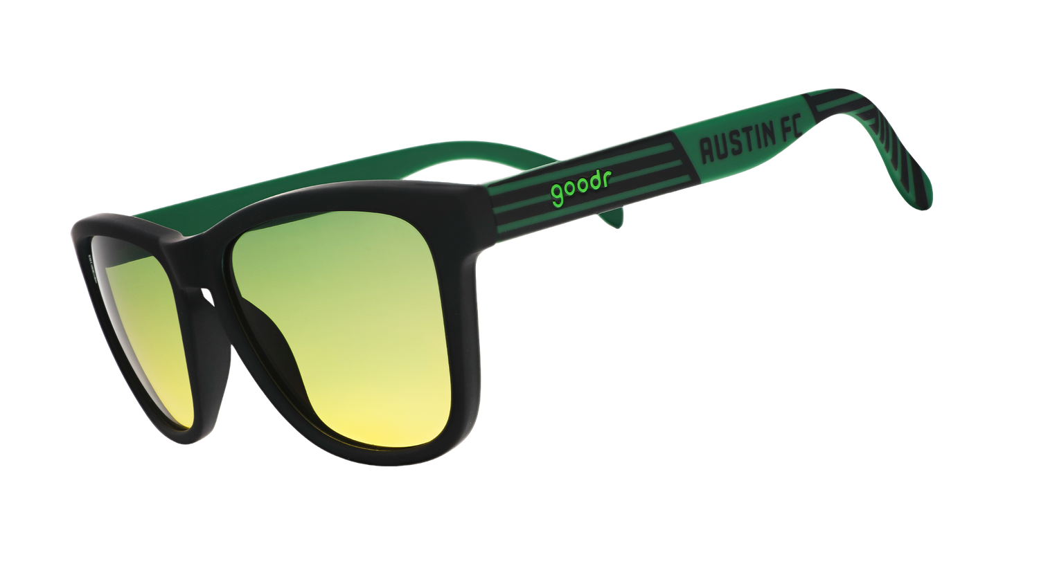 Three-quarter angle view of Austin FC Major League Soccer sunglasses with green and black frames and green-yellow lenses
