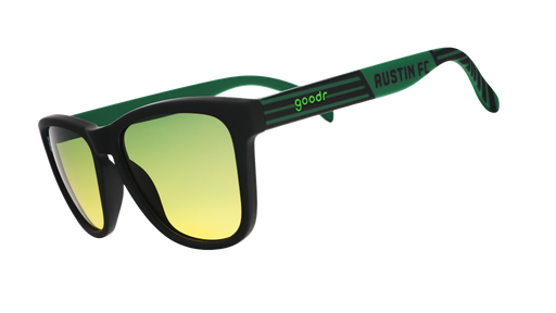Three-quarter angle view of Austin FC Major League Soccer sunglasses with green and black frames and green-yellow lenses