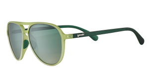 Three-quarter angle view of cadet green translucent aviator sunglasses with gradient green lenses and dark green arms.