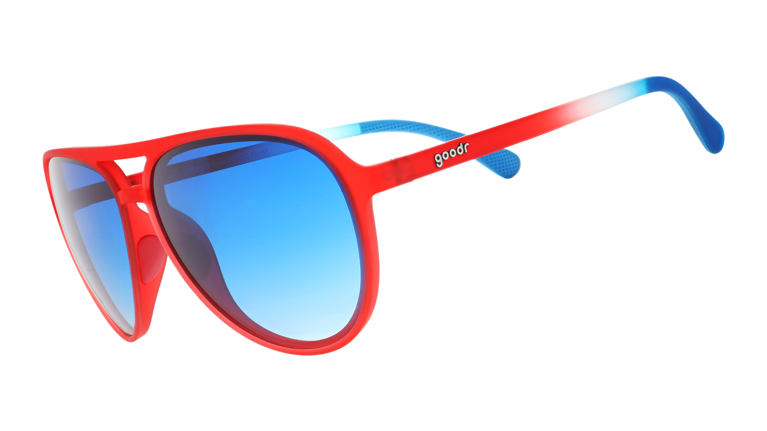 Three-quarter angle view of red, white,+blue aviator sunglasses with blue gradient lenses on a white background.