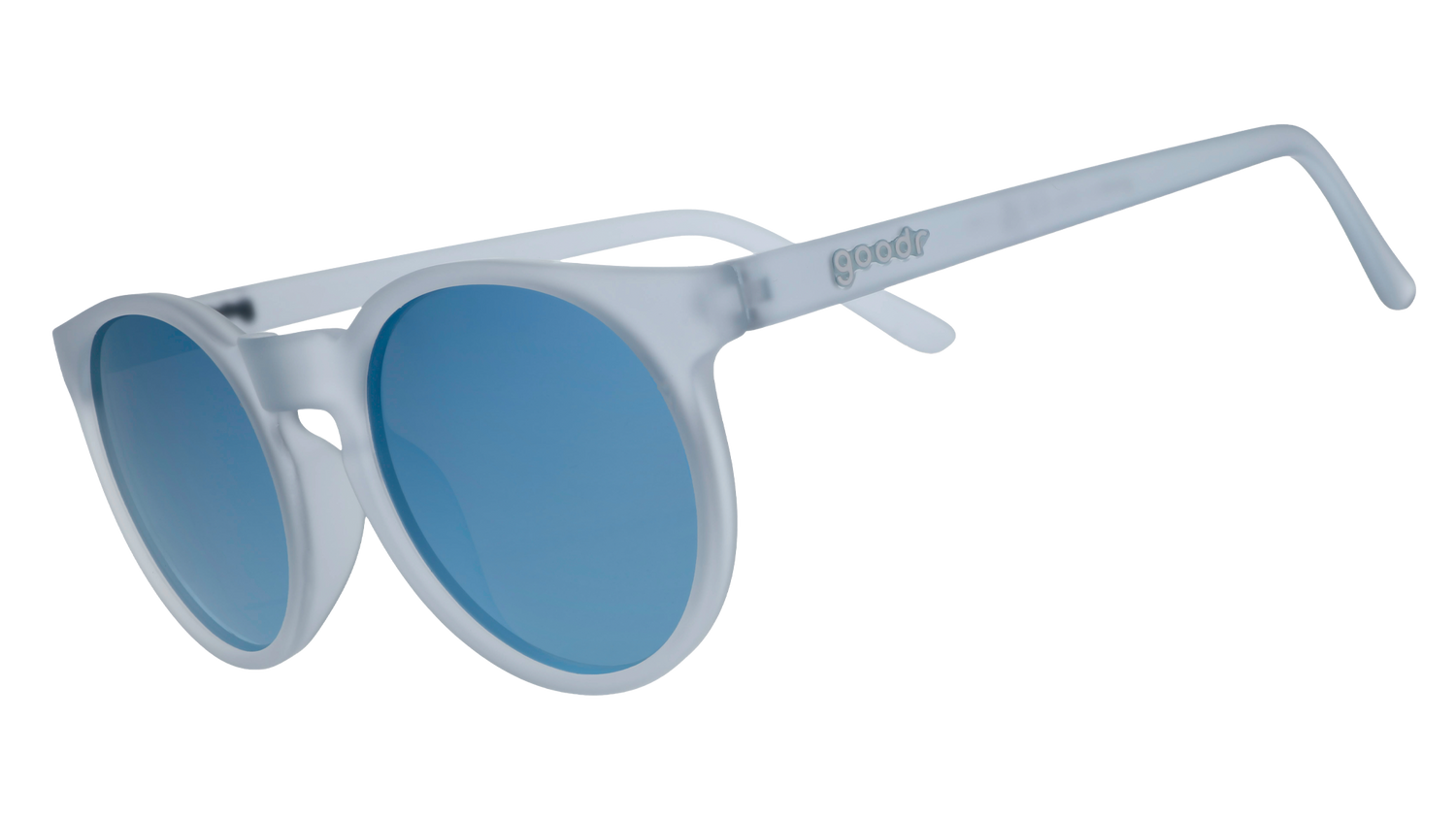 Three-quarter angle view of translucent blue-gray Circle Gs with ice blue reflective lenses.