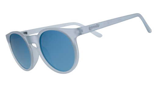 Three-quarter angle view of translucent blue-gray Circle Gs with ice blue reflective lenses.