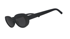 Three-quarter angle view of black oval sunglasses with polarized lenses against a white background.