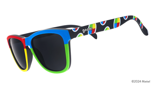 Three-quarter view of sunglasses featuring a red, yellow, blue, and green design inspired by the popular card game UNO.