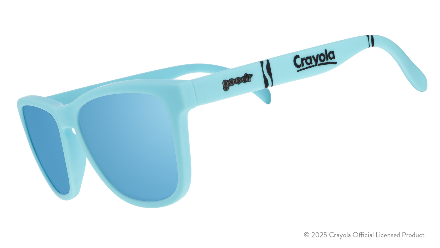 Three-quarter angle view of Blizzard Blue Crayola sunglasses with blue lenses