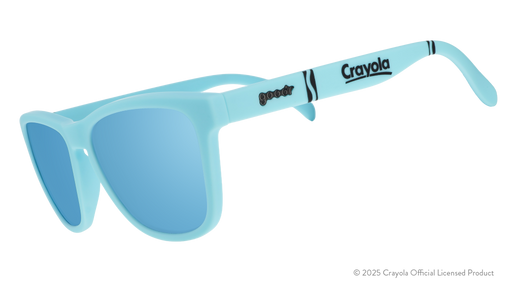 Three-quarter angle view of Blizzard Blue Crayola sunglasses with blue lenses